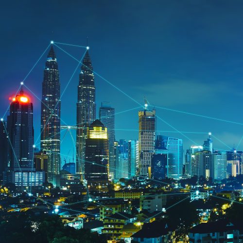 Network and Connection technology concept with city skyline , night scene .